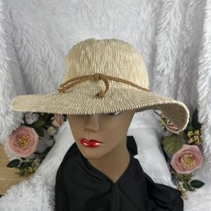 Marcus Adler Sun Hat Women OS Beige Polyester Braided Trim Wide Brim Floppy